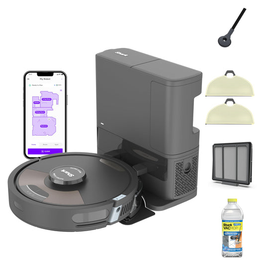 Shark Plus 2-in-1 robot vacuum & mop with sonic mopping, self-empty base, home mapping, HEPA filter, WiFi, black/mocha, AV2630WA.