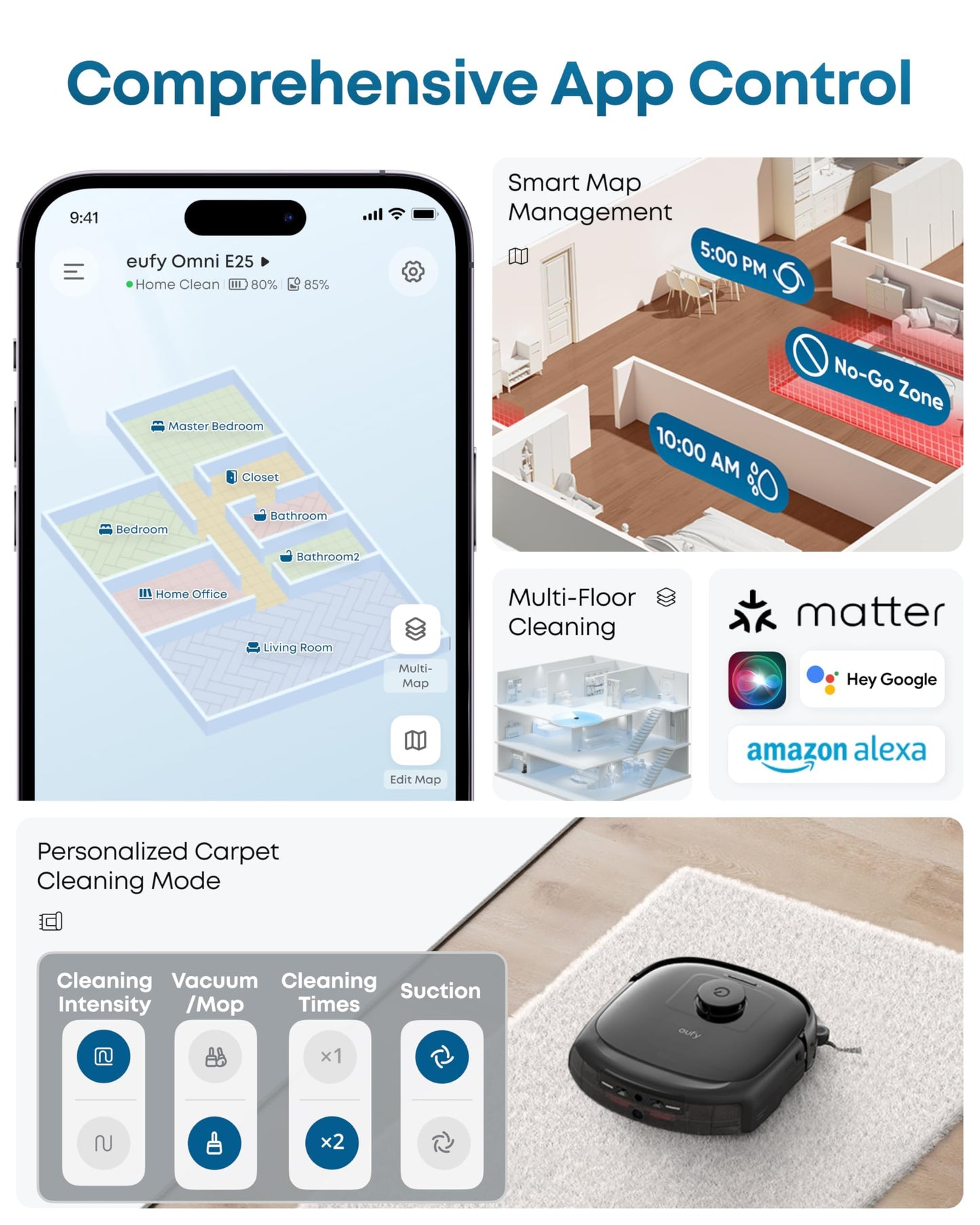 eufy E25 robot vacuum & mop with 20,000Pa turbo suction, HydroJet mop, edge-to-corner cleaning, zero-tangle, AI obstacle avoidance.